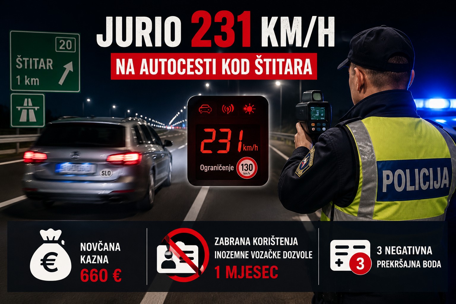 Jurio 231 km/h kod Štitara: Slovencu visoka kazna i zabrana vožnje u Hrvatskoj