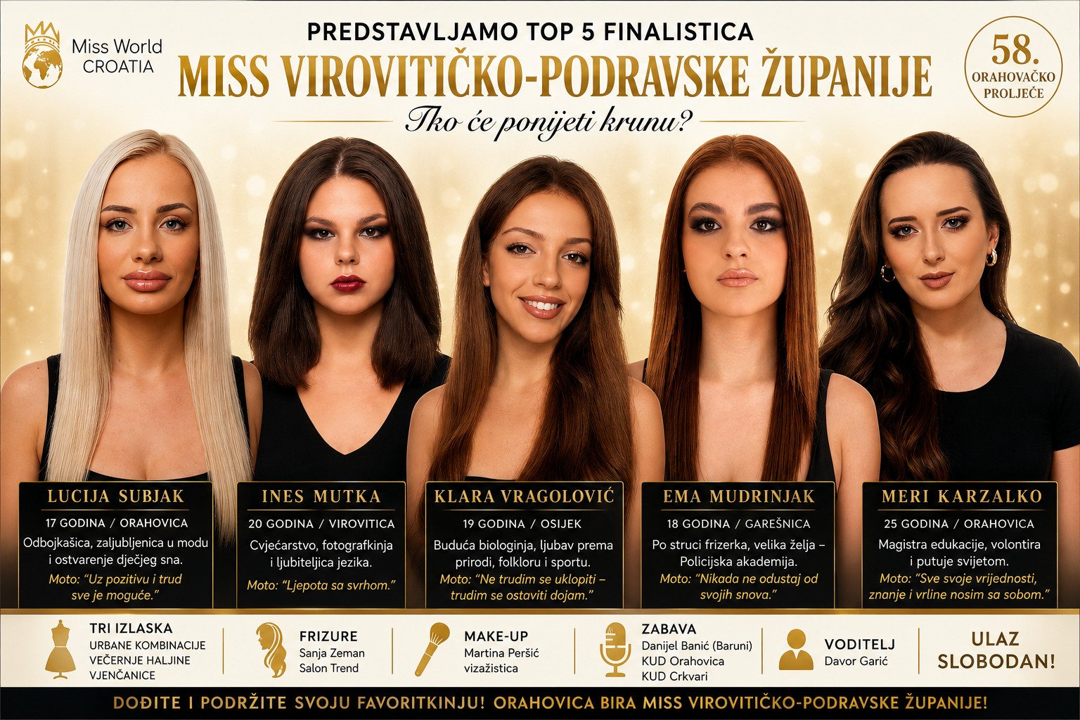 Pet djevojaka u utrci za krunu: U Orahovici se bira nova Miss Virovitičko-podravske županije