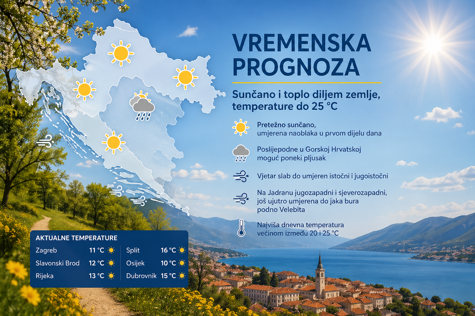 Sunčano i toplo u Hrvatskoj, temperature rastu do 25 °C