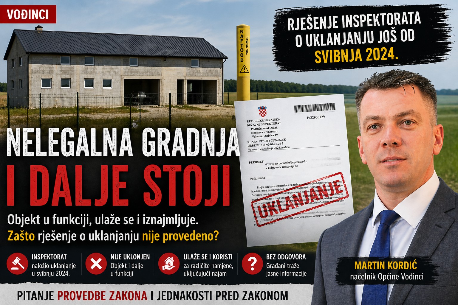 Inspektorat naložio uklanjanje još 2024., objekt u Vođincima i dalje u funkciji