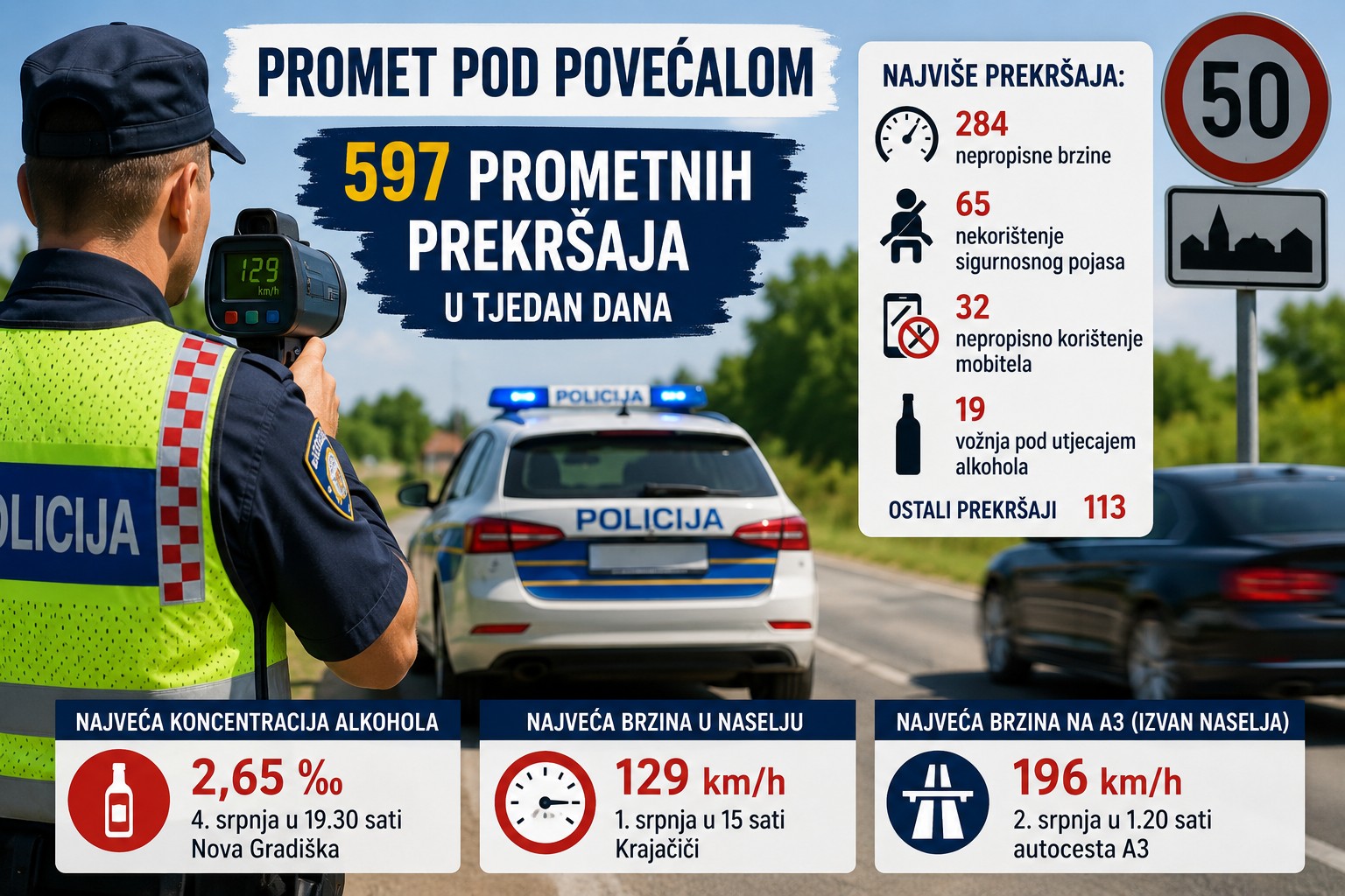U tjedan dana gotovo 600 prometnih prekršaja, kroz naselje jurio čak 129 km/h