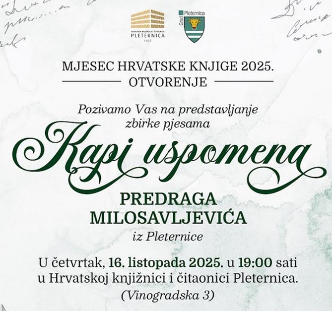 Pleternica otvara Mjesec hrvatske knjige zbirkom "Kapi uspomena"